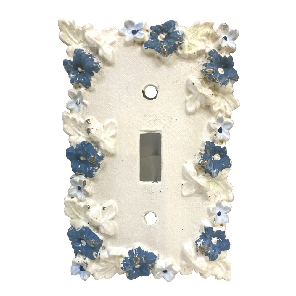 Vtg Painted Blue & White Flowers American Tack & Hardware '67 Brass Outlet Cover